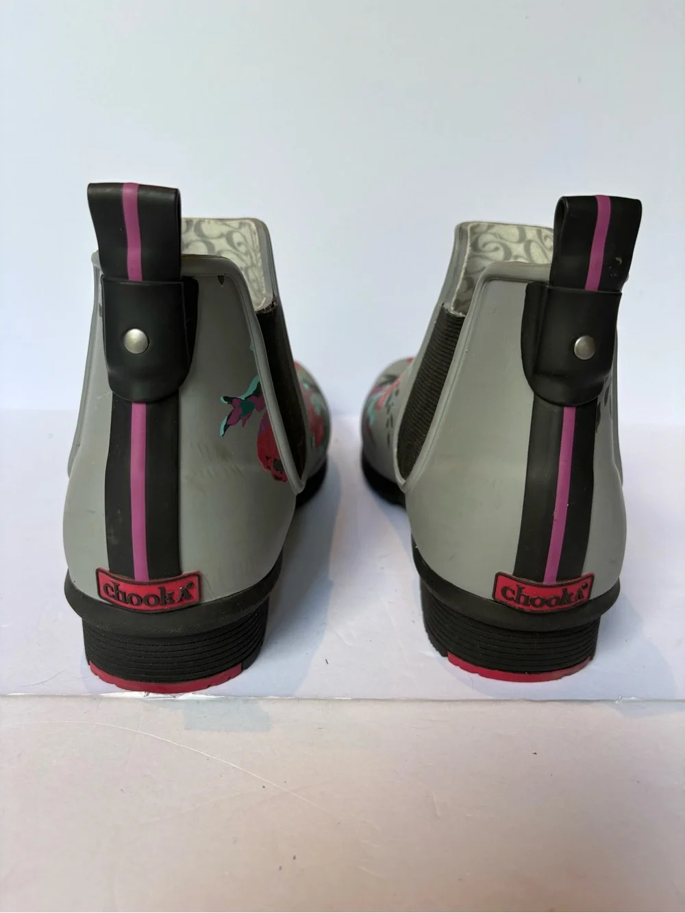 Chooka Women's Floral Rain Chelsea Booties - Gray with Pink Multi Accents Size 9